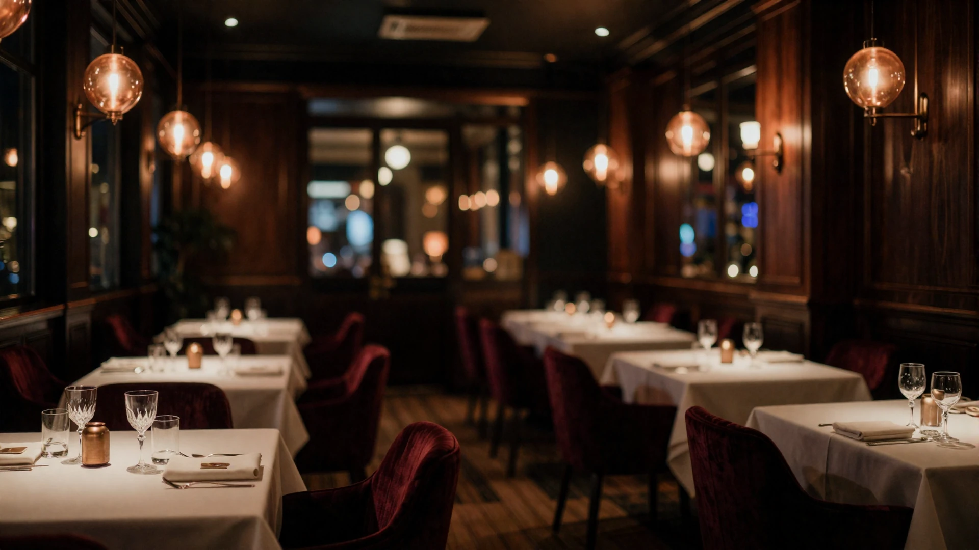Interiér brasserie Večerní Nádraží — dlouhý bar a teplé večerní světlo